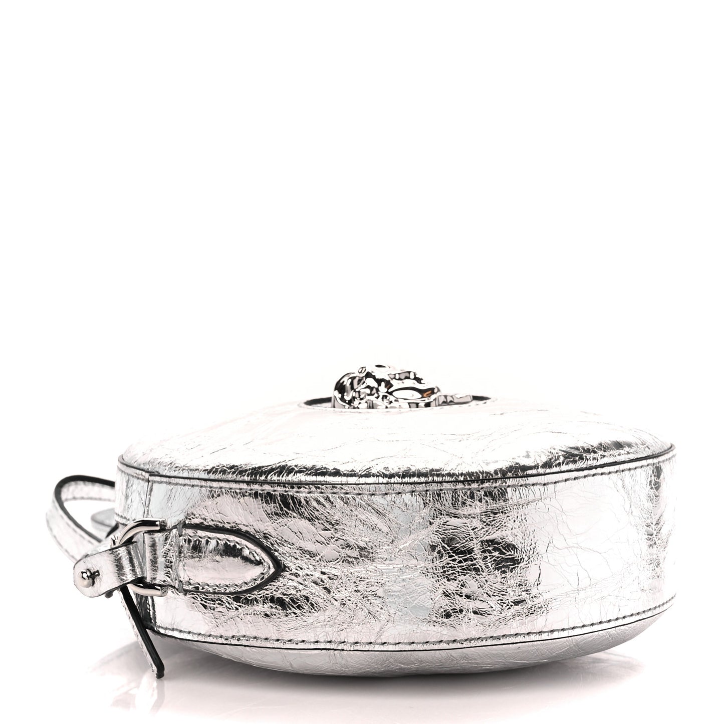 Metallic Crackled Lambskin La Medusa Disco Round Crossbody Silver