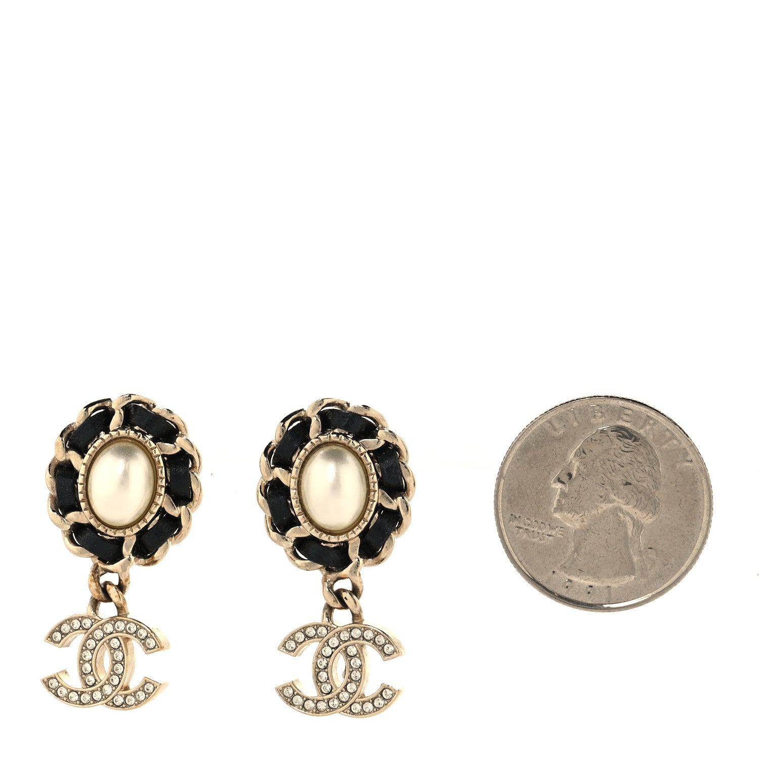 Chanel Pearl Lambskin Crystal CC Drop Earrings Gold White Black 2 of 5