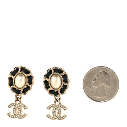 Chanel Pearl Lambskin Crystal CC Drop Earrings Gold White Black 2 of 5