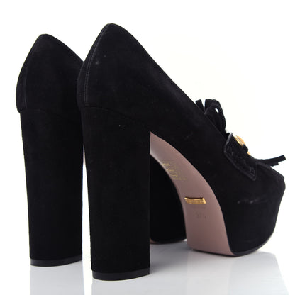 Gucci Kid Scamosciato Horsebit Fringe Loafer Pumps 37.5 Black 4 of 10