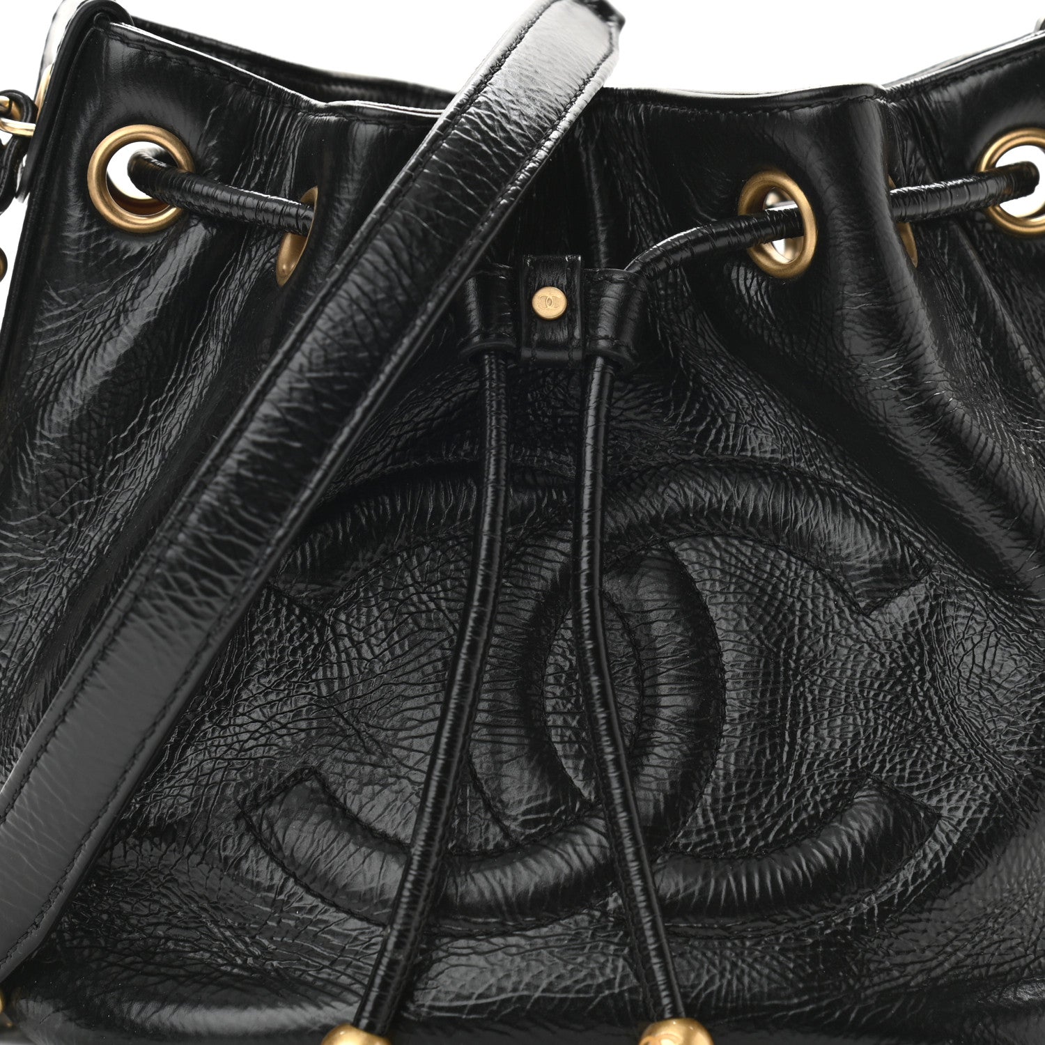 Chanel Shiny Aged Calfskin CC Chain Mini Drawstring Bag Black 7 of 9