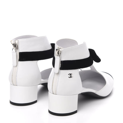 Chanel Goatskin Velvet Cap Toe CC Bow Cut Out Ankle Boots 37.5 White Black 4 of 9