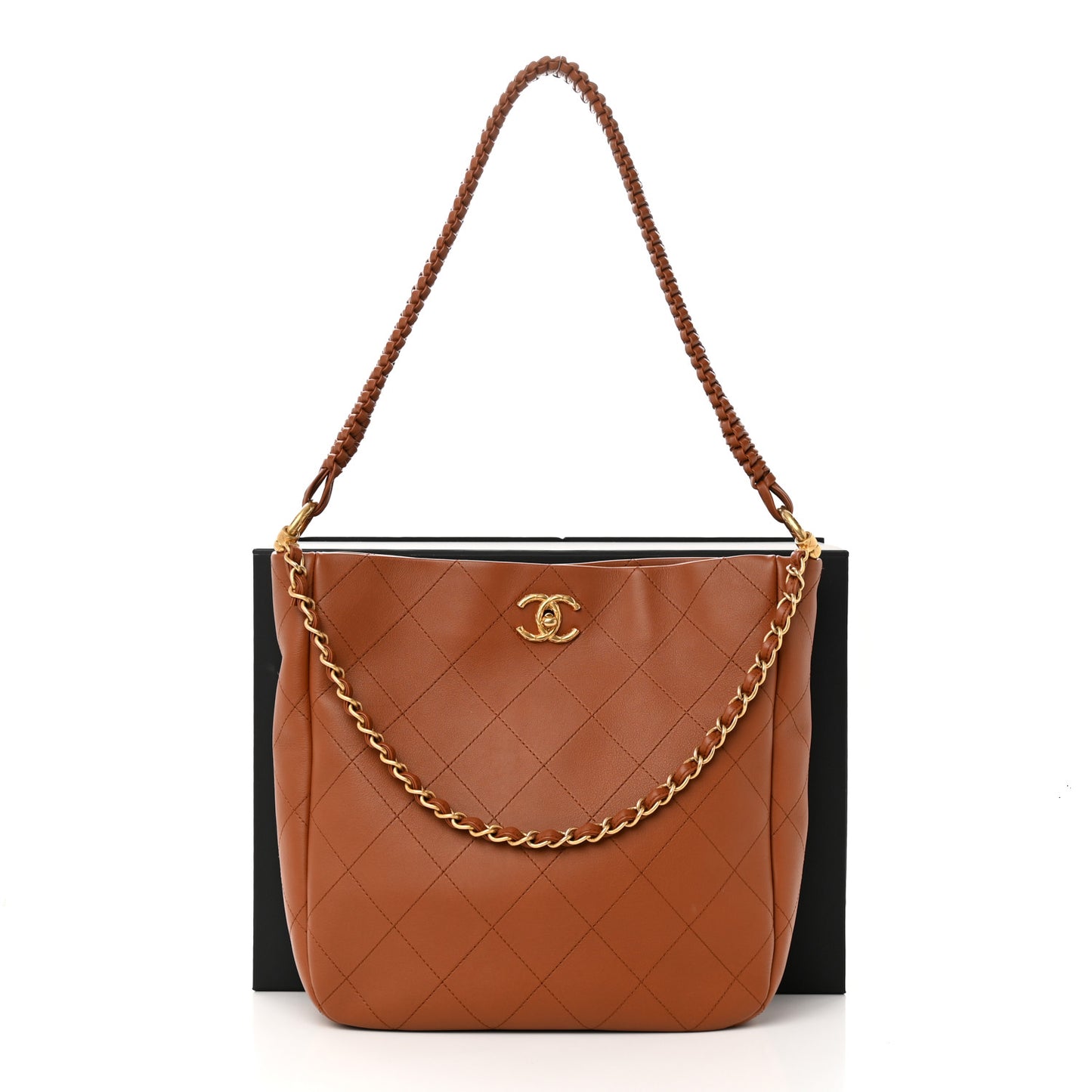 Calfskin Quilted Braided Handle Chain Hobo Brown