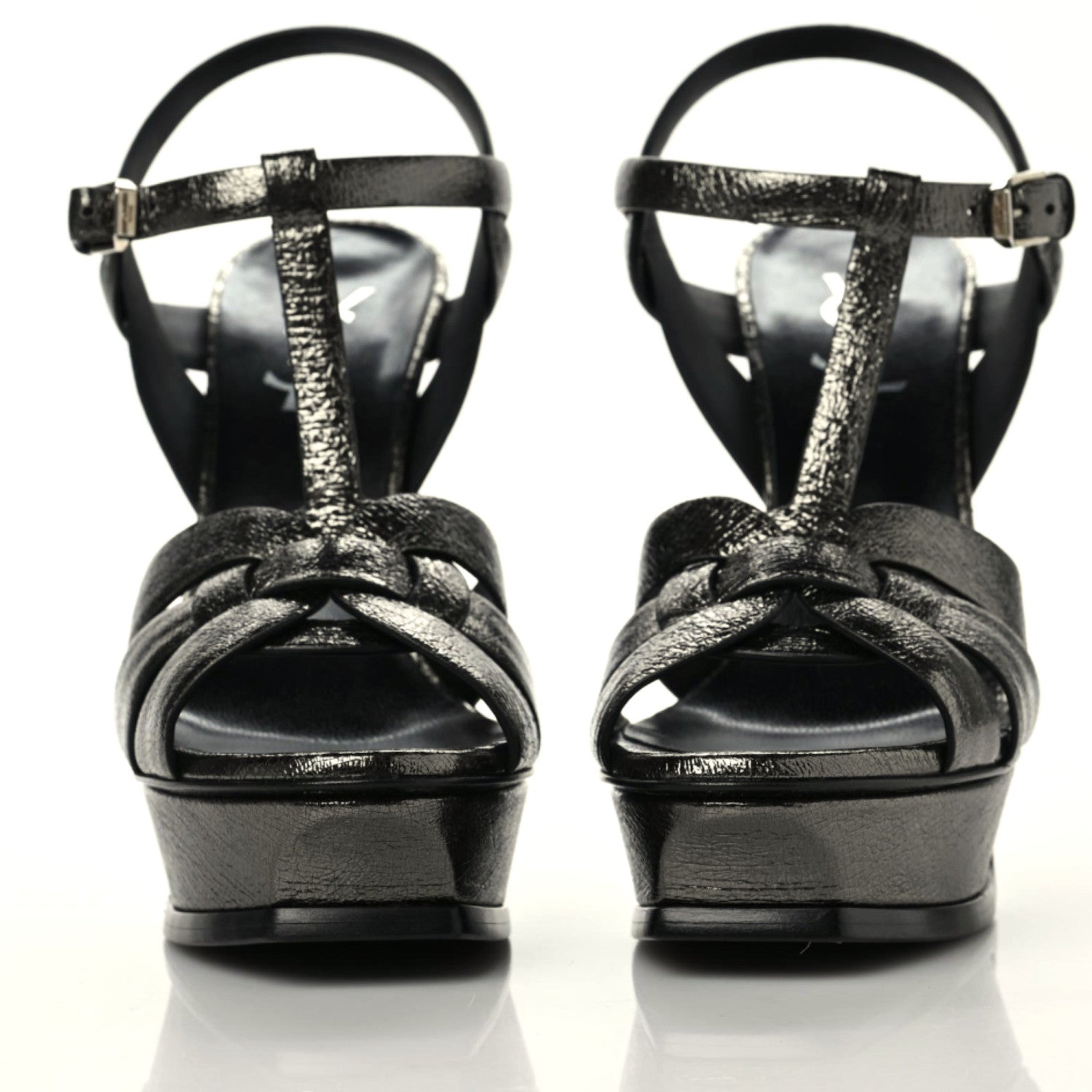 Saint Laurent Metallic Supercrack Calfskin Tribute 105 Platform Sandals 39 Gunmetal 2 of 10