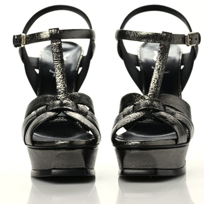 Saint Laurent Metallic Supercrack Calfskin Tribute 105 Platform Sandals 39 Gunmetal 2 of 10