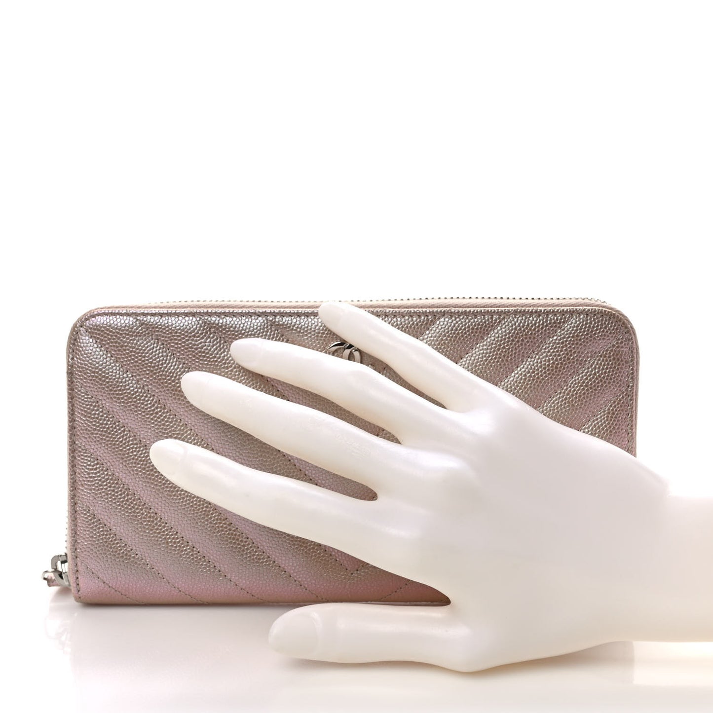 Metallic Caviar Chevron Quilted Large Gusset Zip Around Wallet Light Gold