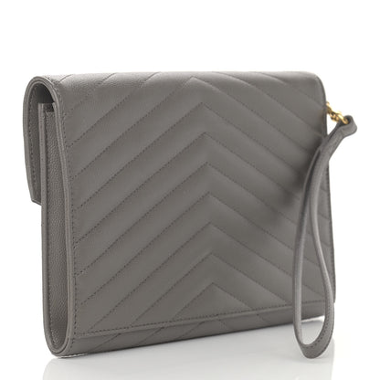 Saint Laurent Grain De Poudre Matelasse Chevron Monogram Envelope Clutch Fog 3 of 8