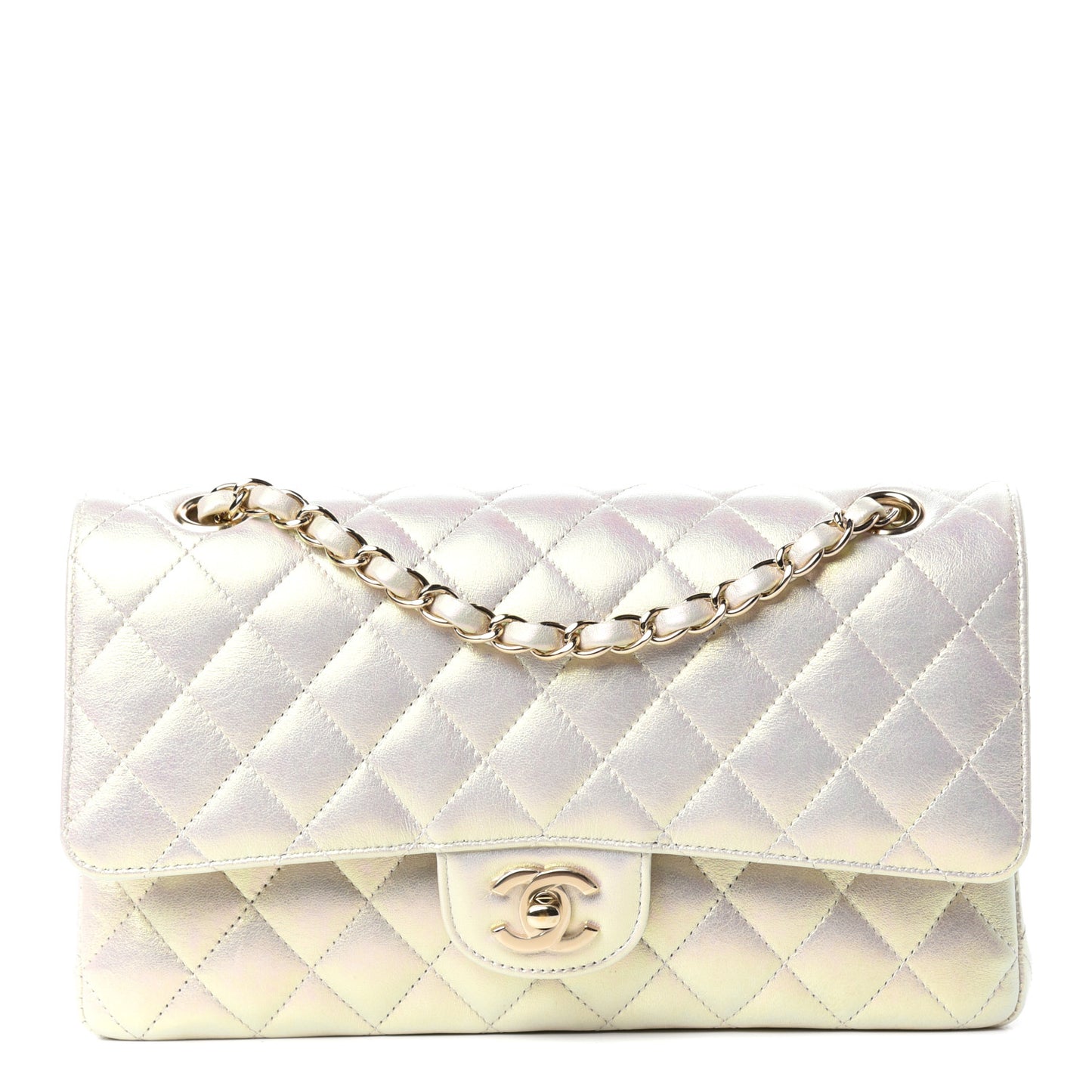 Iridescent Lambskin Quilted Medium Double Flap Ivory