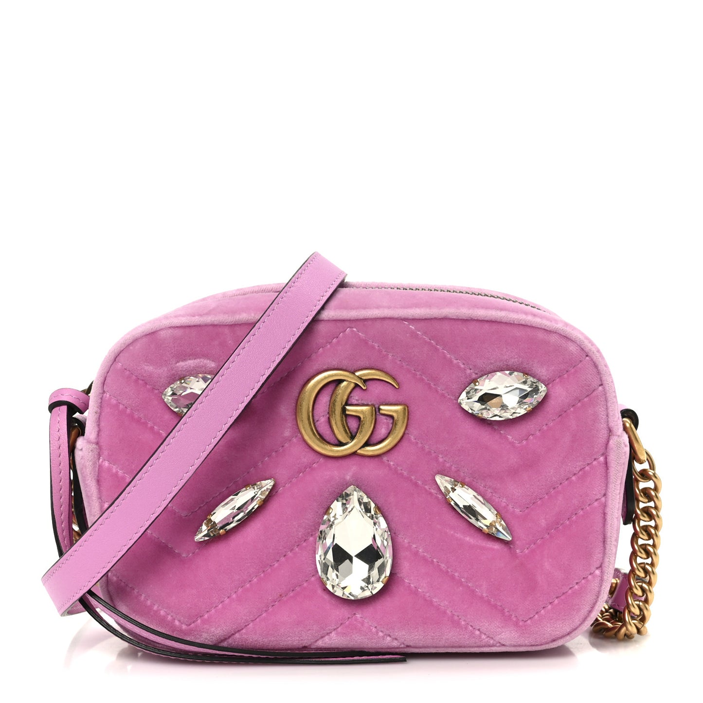 Velvet Matelasse Marquise Crystals Mini GG Marmont Chain Shoulder Bag Malva