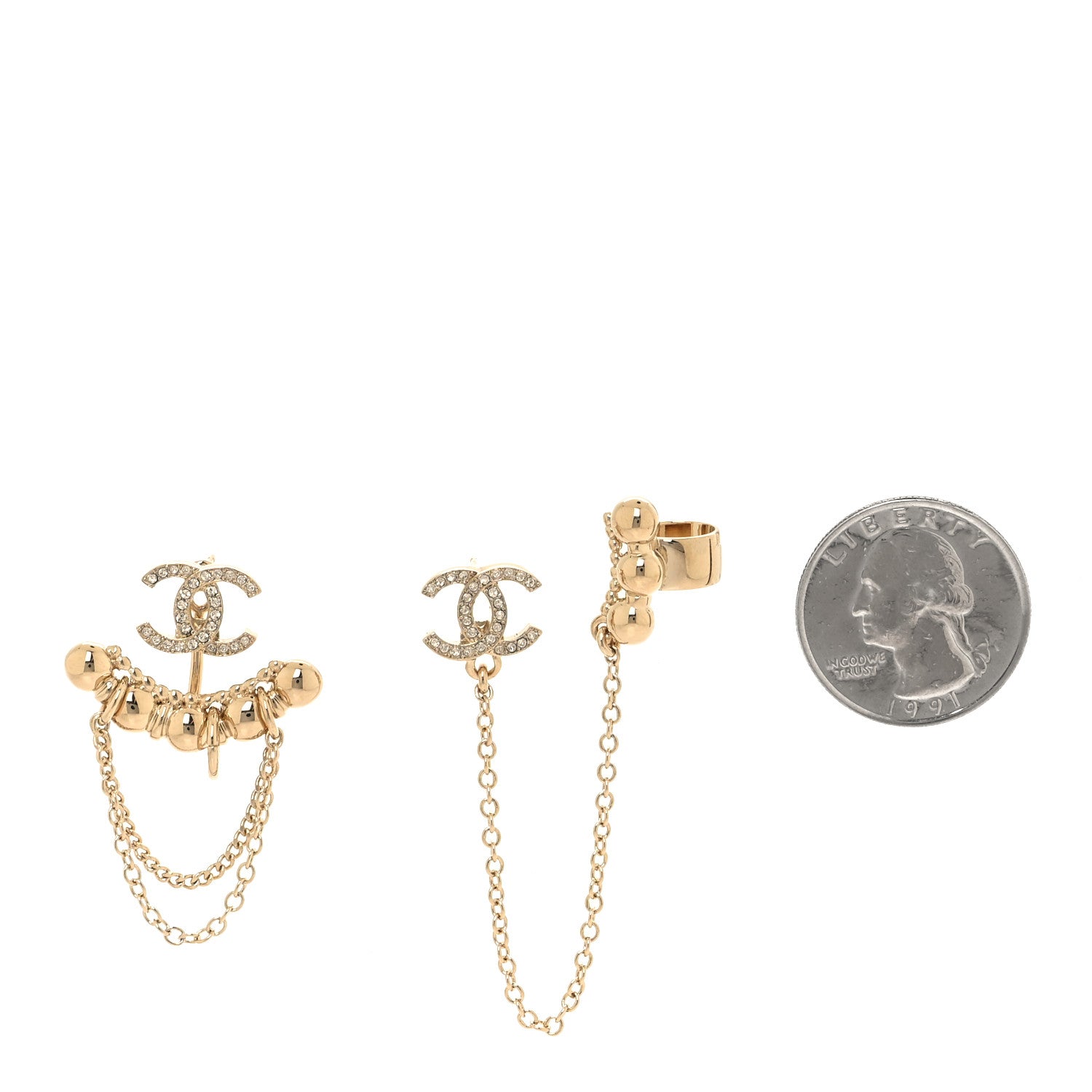 Chanel Metal Crystal CC Chain Cuff Earrings Gold 2 of 5