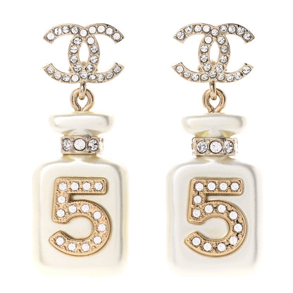 Chanel Pearl Resin Crystal CC No 5 Perfume Bottle Drop Earrings Gold Pearly White 1 of 5
