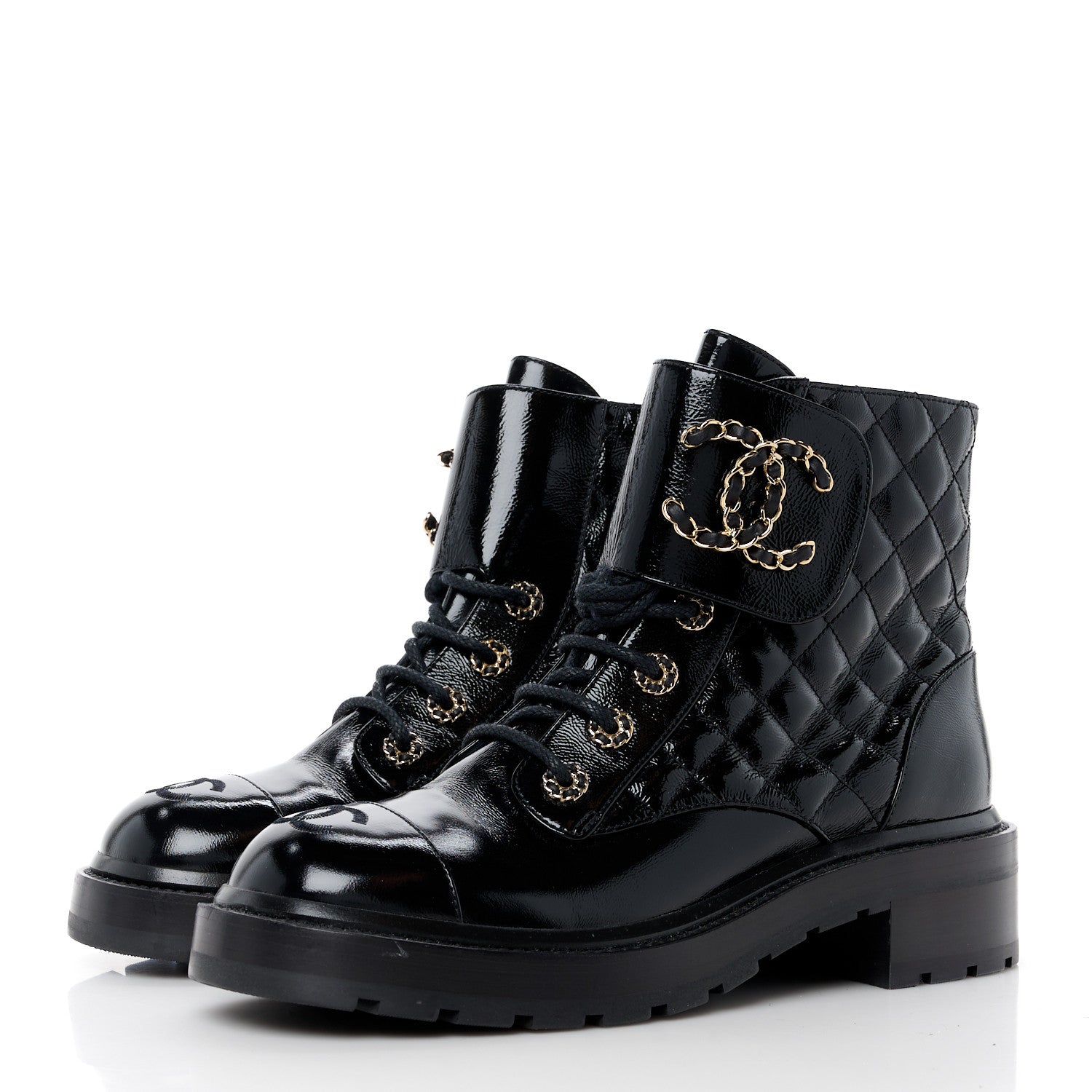 Chanel Shiny Lambskin Quilted Lace Up Combat Boots 39 Black 3 of 10