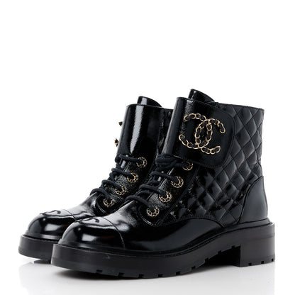 Chanel Shiny Lambskin Quilted Lace Up Combat Boots 39 Black 3 of 10