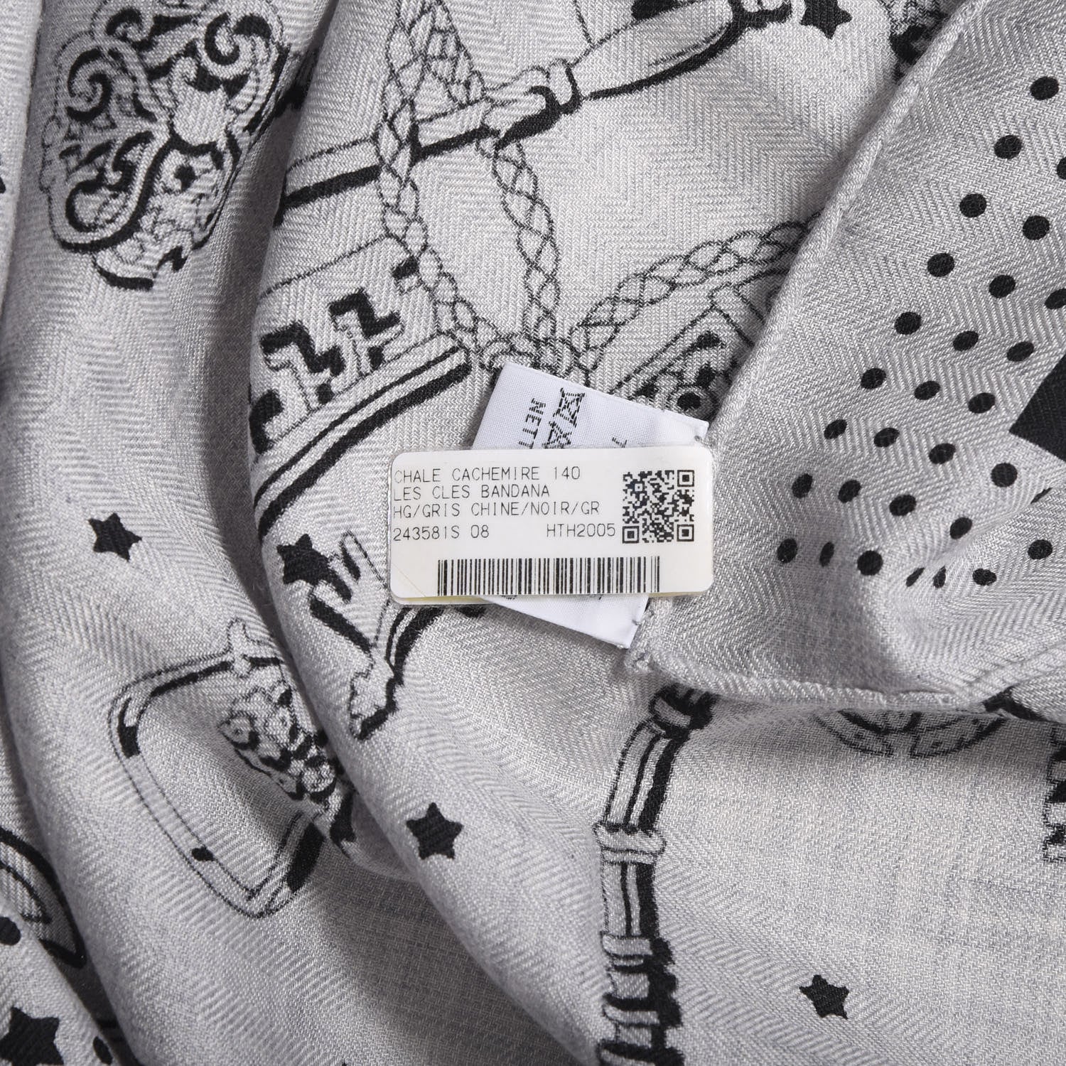 Hermes Cashmere Silk Les Cles Bandana Shawl 140 Gris Chine Black 4 of 6