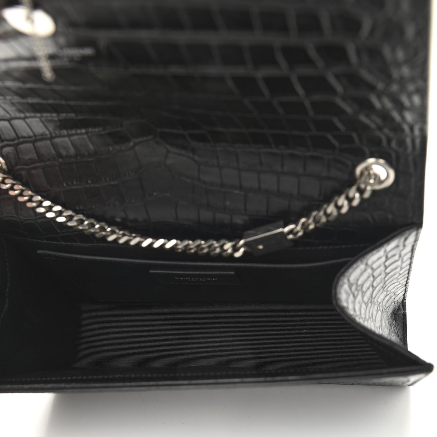 Calfskin Crocodile Embossed Medium Classic Monogram Kate Tassel Satchel Black