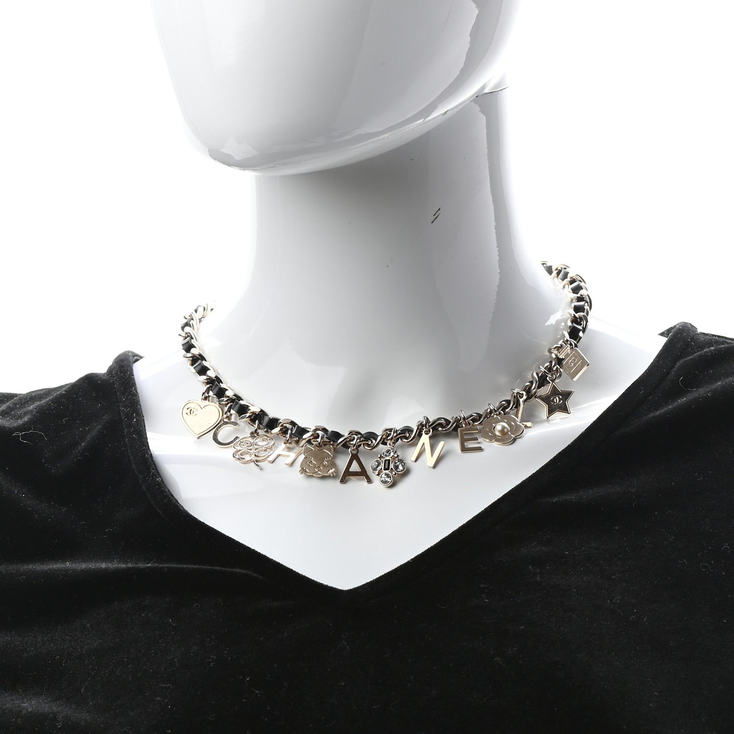 Glazed Calfskin Crystal Pearl Charm Short Necklace Black Gold