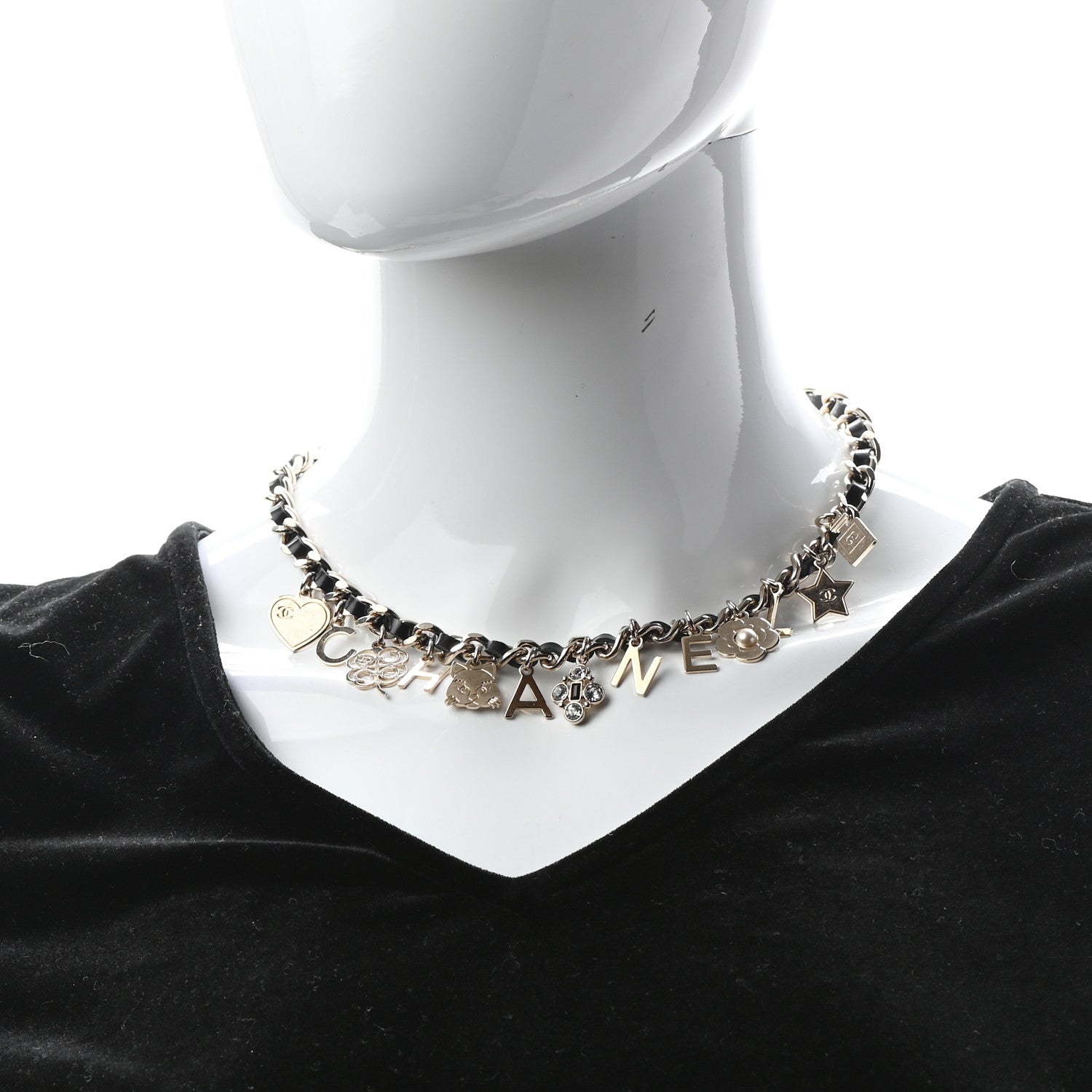 Chanel Glazed Calfskin Crystal Pearl Charm Short Necklace Black Gold 2 of 6