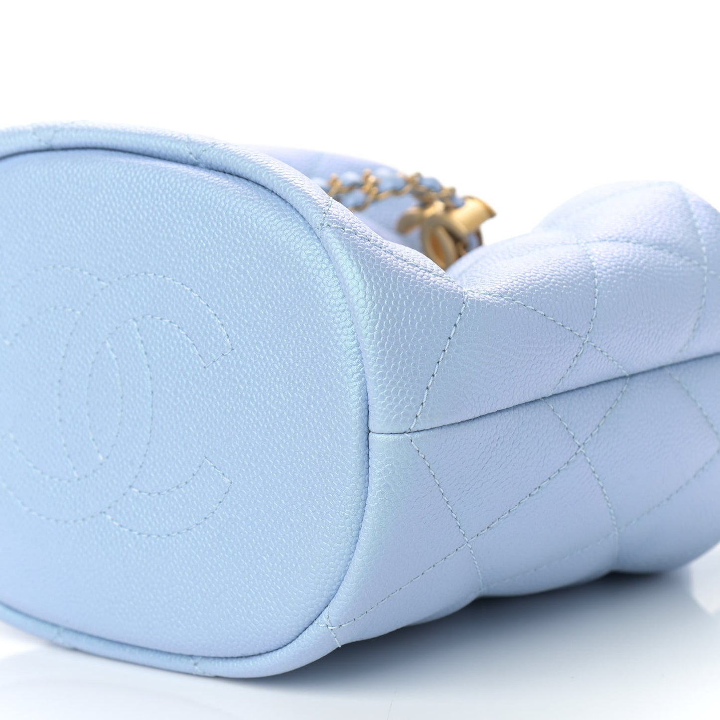 Iridescent Caviar Quilted My Perfect CC Bucket Drawstring Bag Light Blue