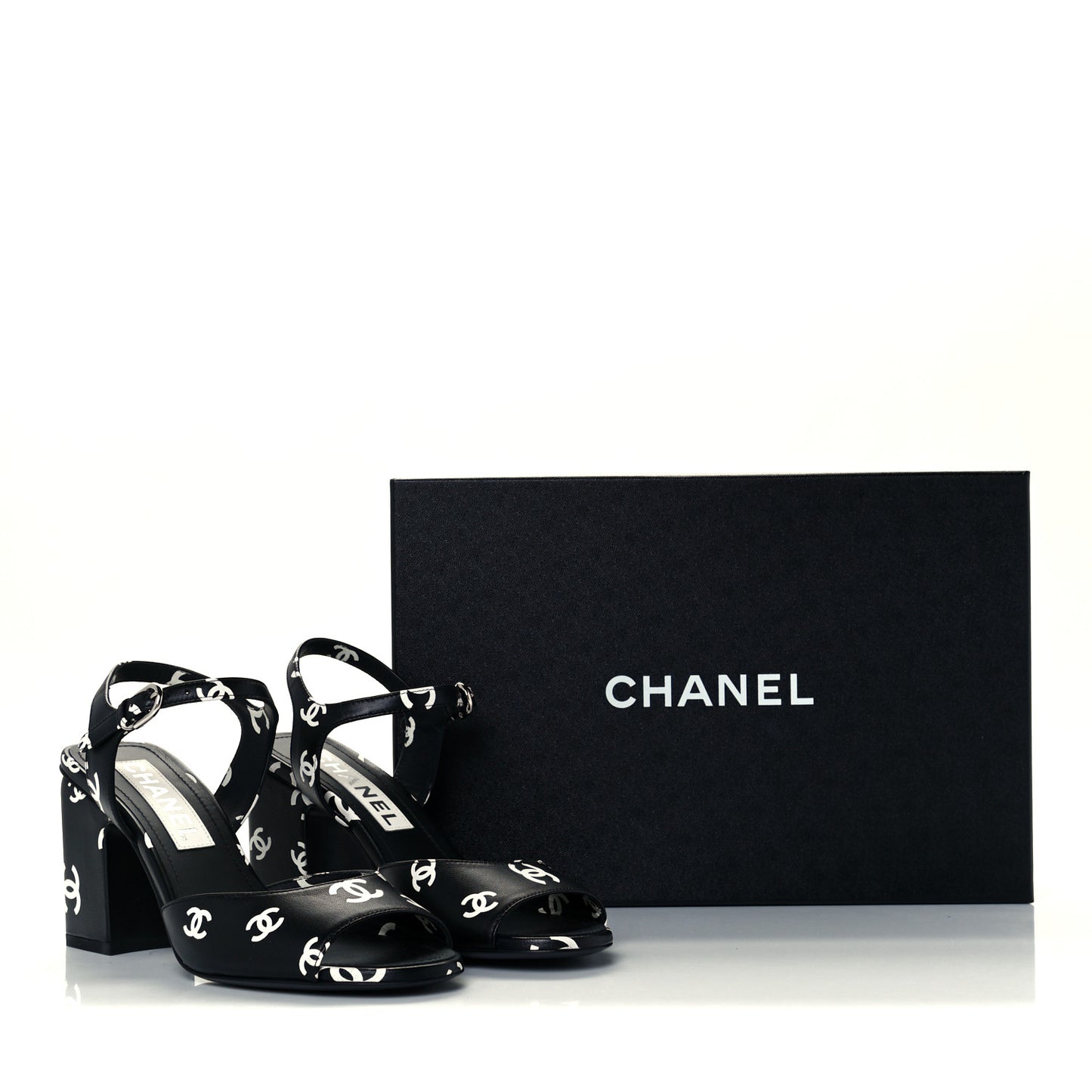 Printed Lambskin CC Sandals 36.5 Black White