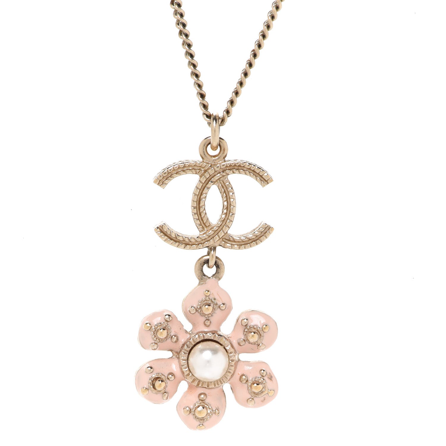 Chanel Enamel Pearl CC Flower Necklace Gold Pink 4 of 6
