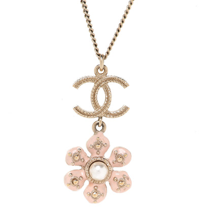 Chanel Enamel Pearl CC Flower Necklace Gold Pink 4 of 6