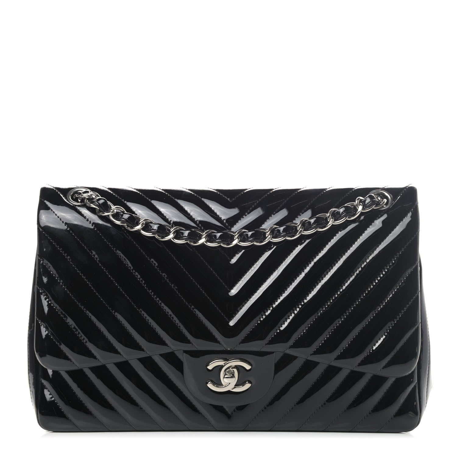 Chanel Patent Chevron Quilted Jumbo Double Flap Black 1 of 4