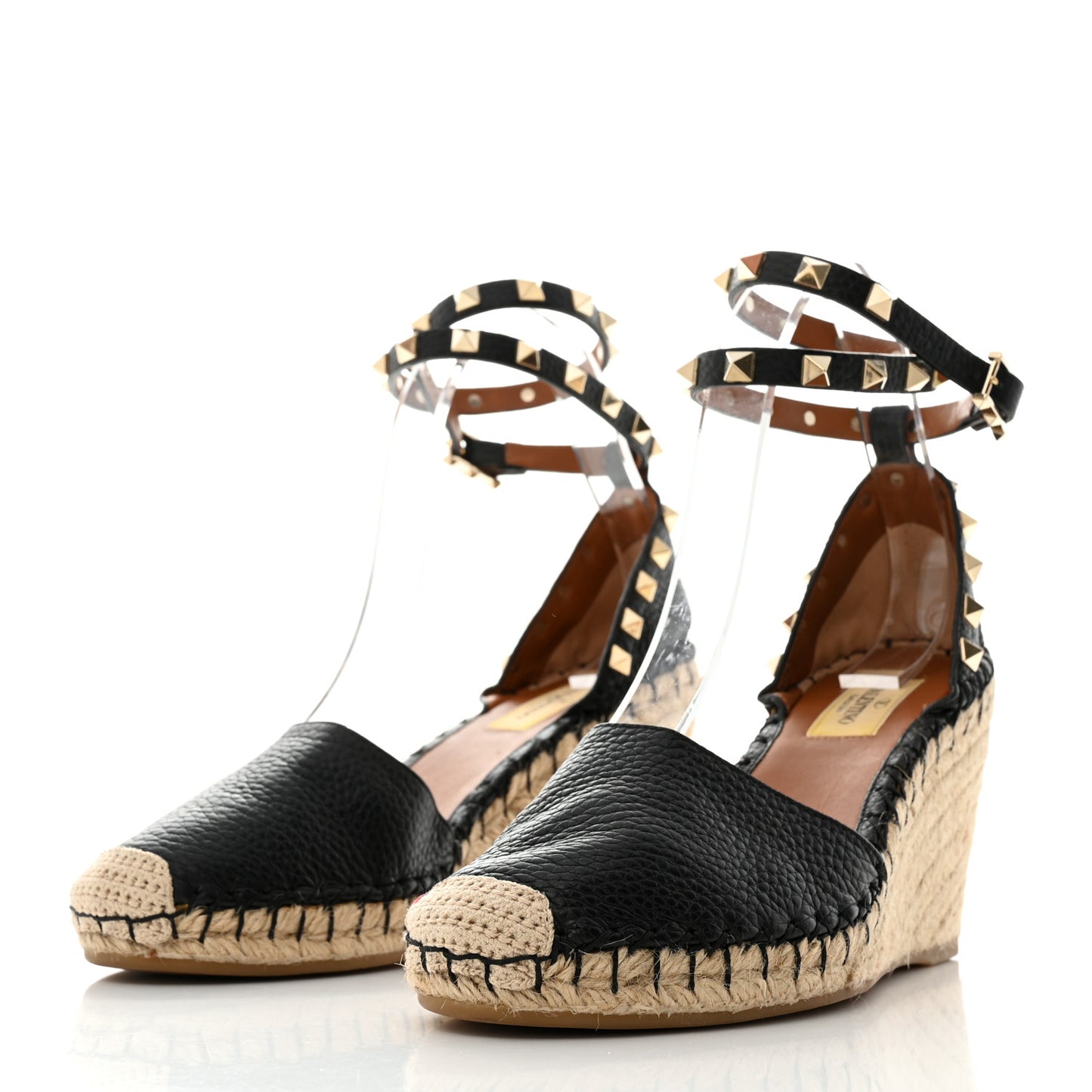 Grained Calfskin Rockstud Ankle Wrap Espadrille 15/85mm Wedges 37 Black Light Cuir