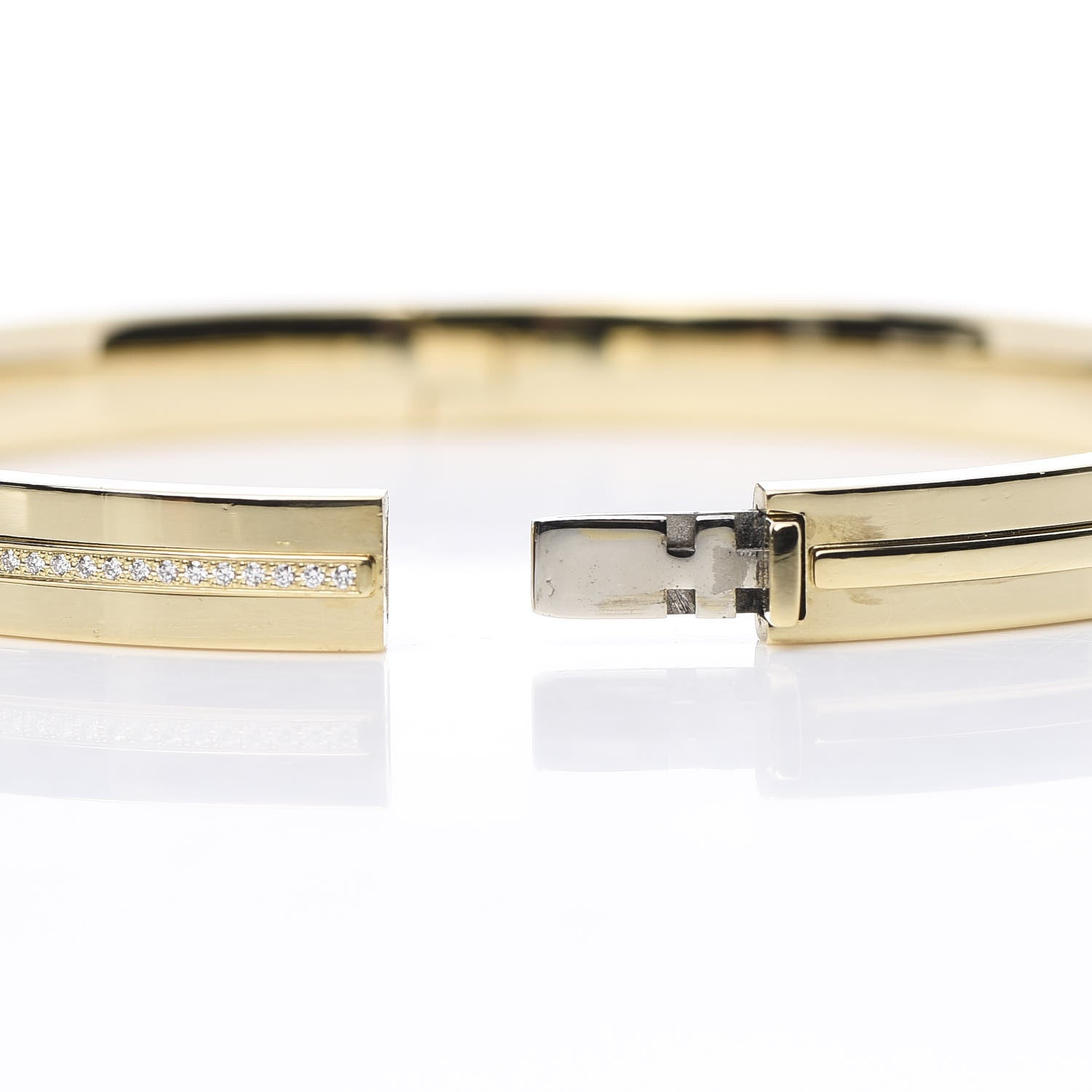 Tiffany 18K Yellow Gold Diamond T Hinged Bangle Bracelet 5 of 5