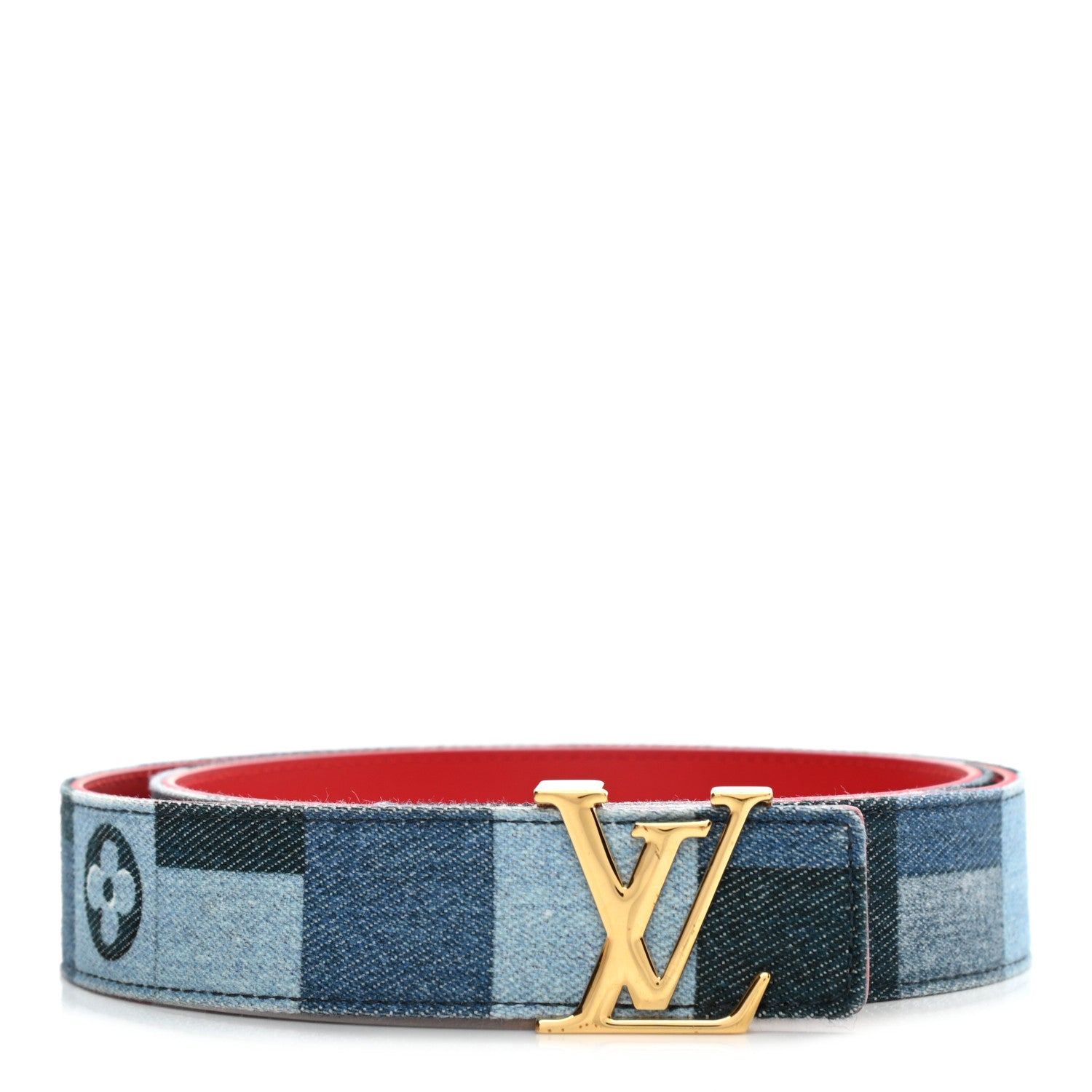 Louis Vuitton Denim Damier Monogram Patchwork 30mm Iconic Reversible Belt 80 32 Blue Rouge 2 of 11