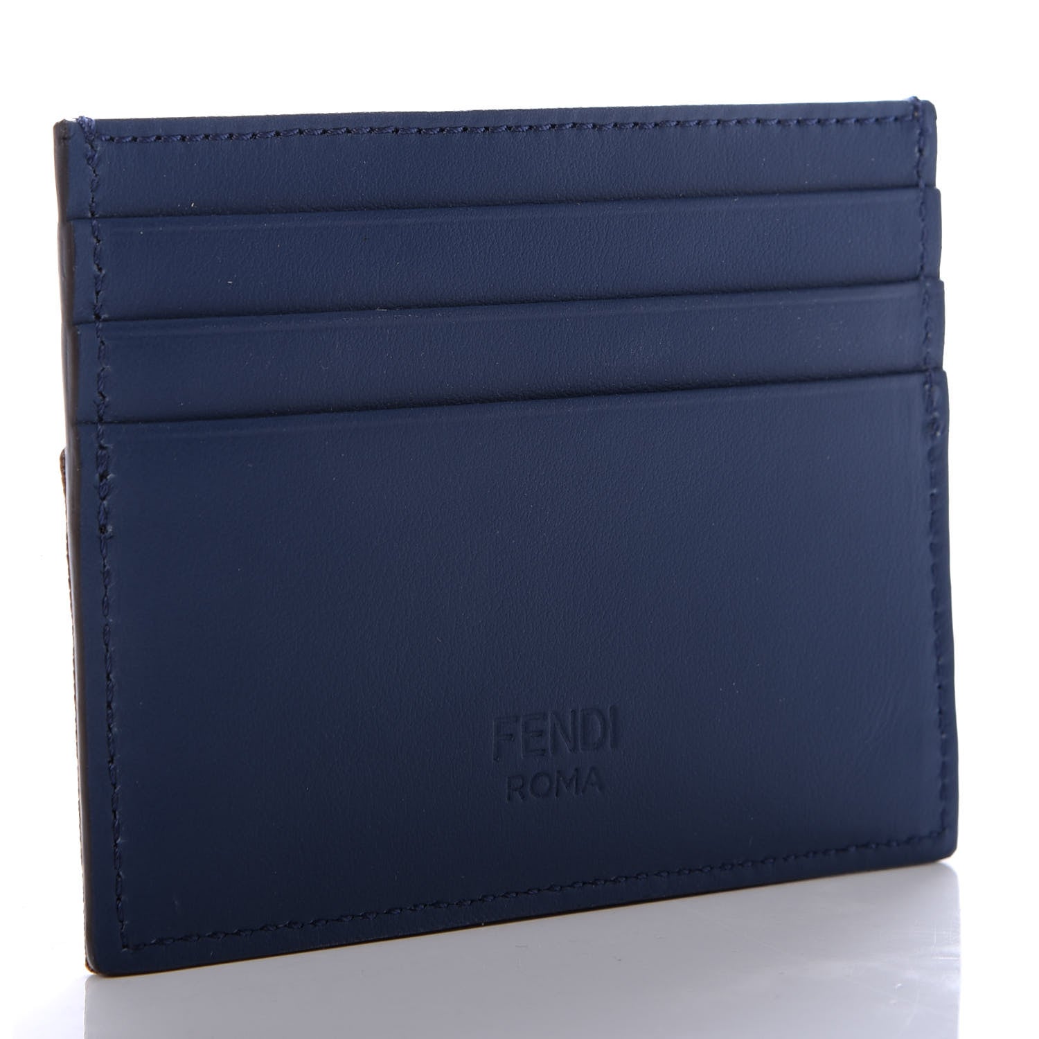 Fendi Vitello Century Glazed Fabric FF 1974 Card Holder Blu Scuro Mogano Panna 3 of 7