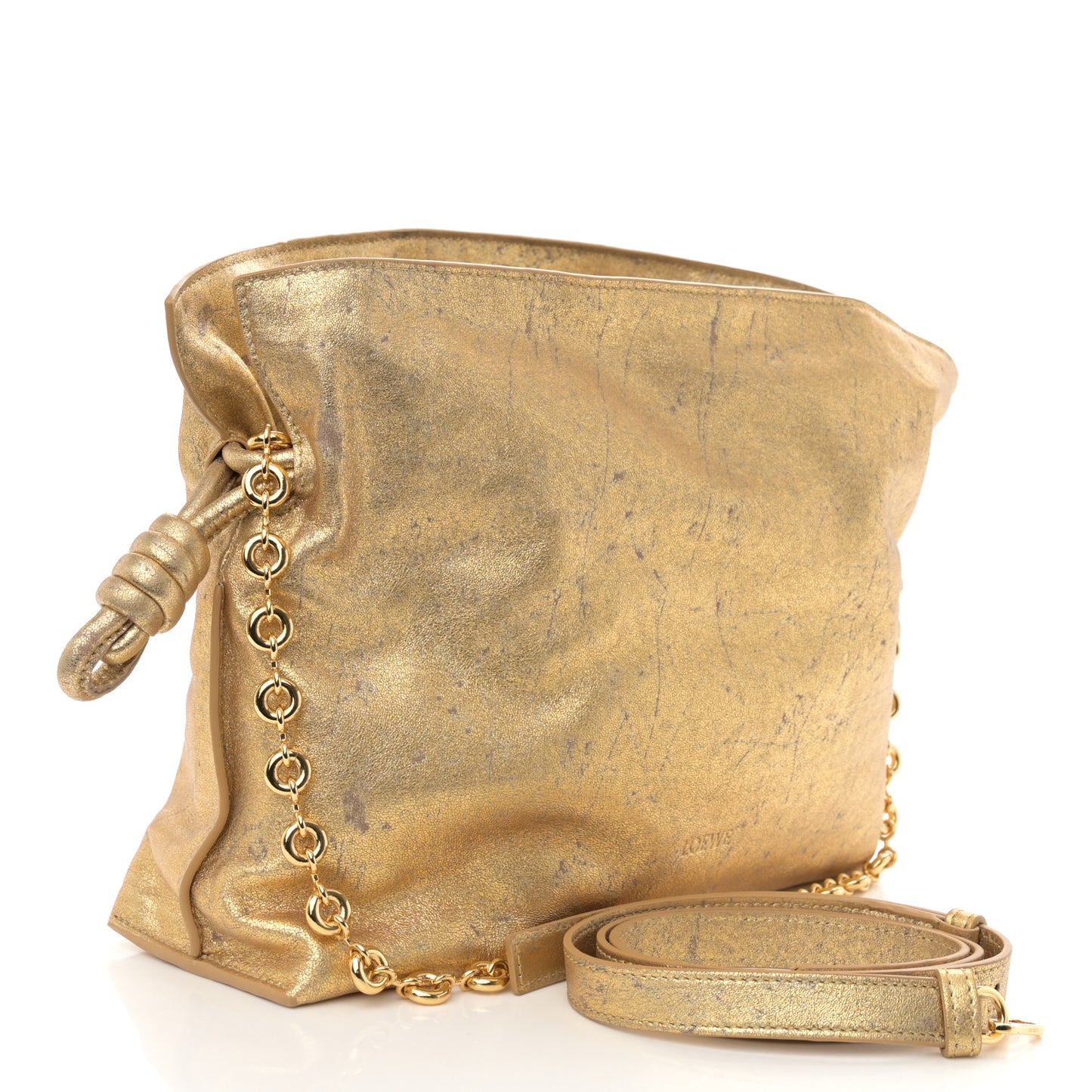 Metallic Lambskin Medium Chain Flamenco Knot Clutch Gold