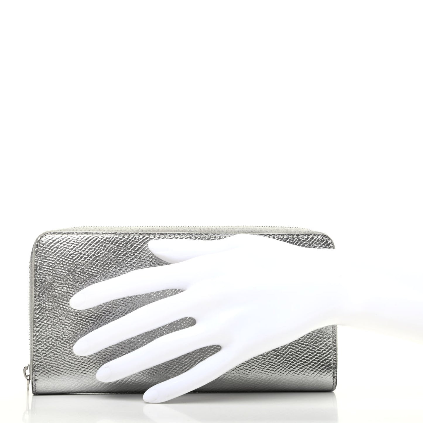 Laminated Grained Calfskin Large Zip Around Multifunction Wallet Silver