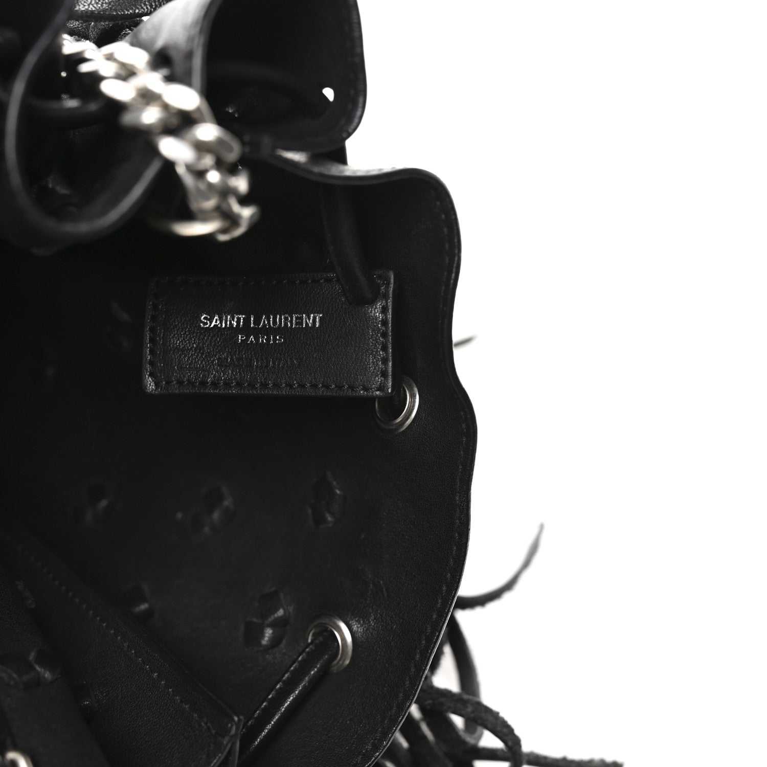 Saint Laurent Calfskin Fringe Monogram Mini Bourse Bucket Bag Black 6 of 10