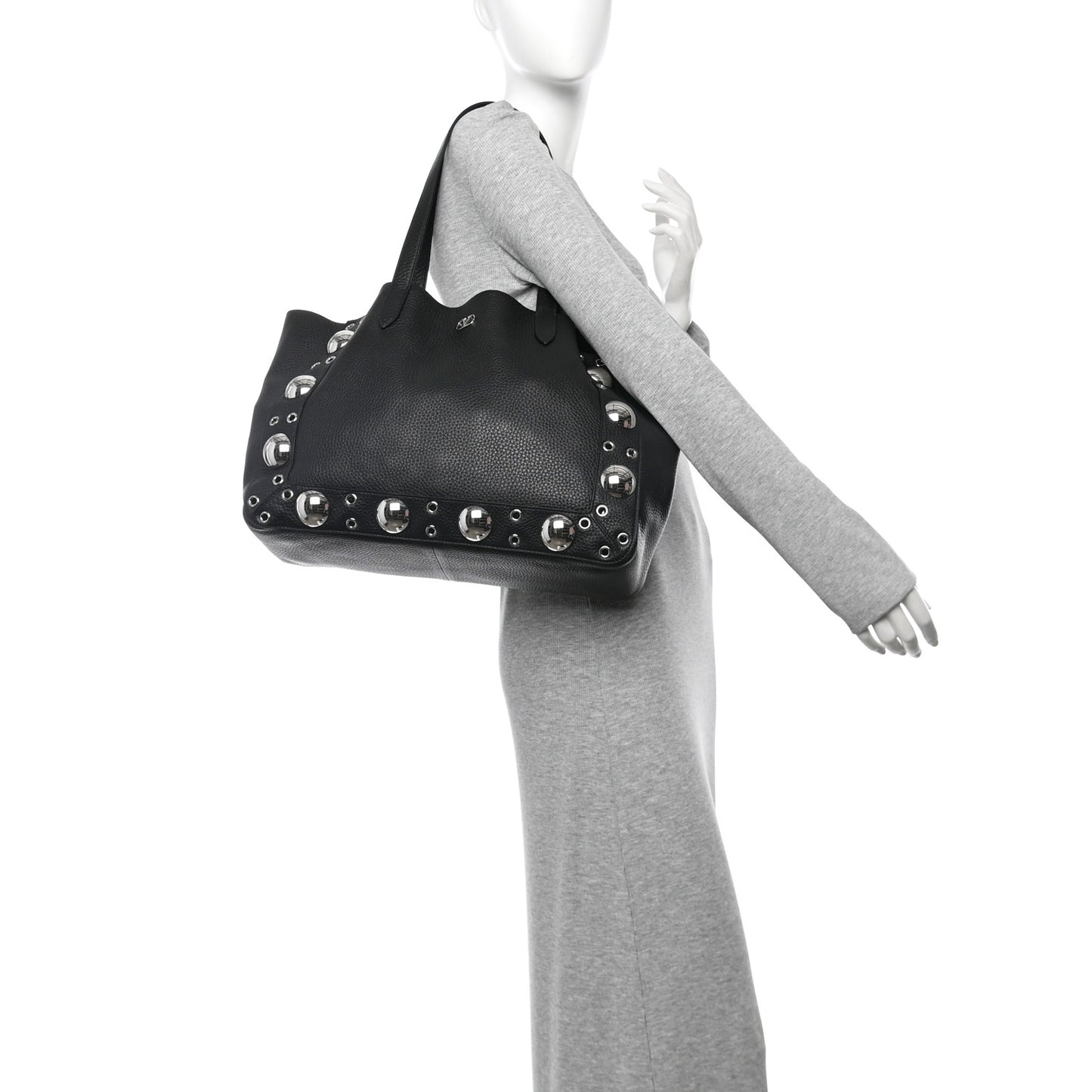 Grainy Calfskin Studded Medium Nellcote Shopping Tote Black