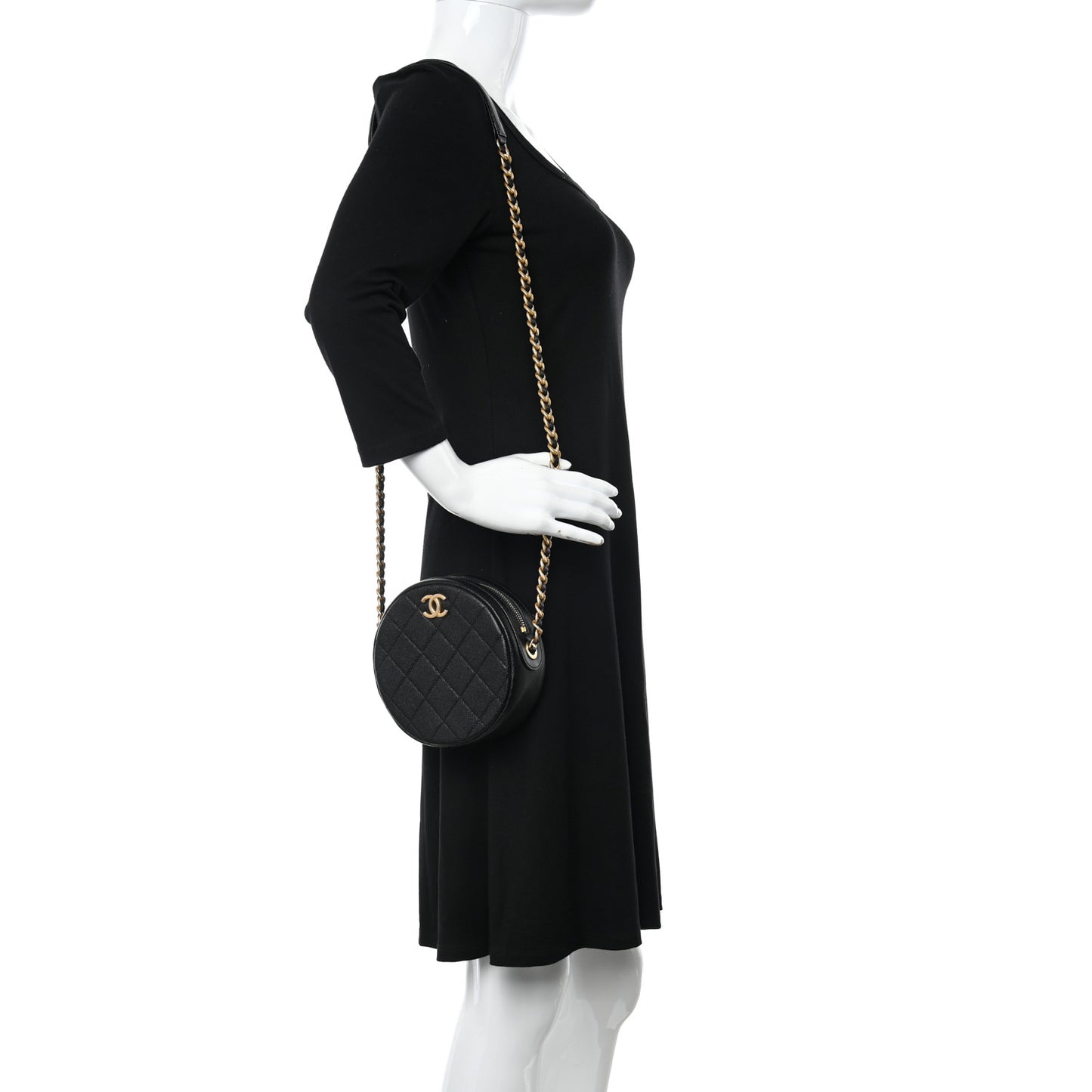 Caviar Quilted Small Round Bag With Chain Black
