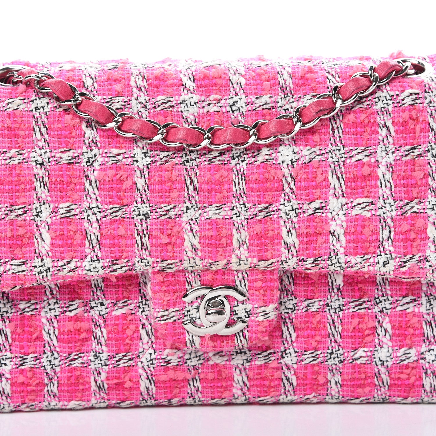 Chanel Tweed Quilted Medium Double Flap Hot Pink 7 of 9