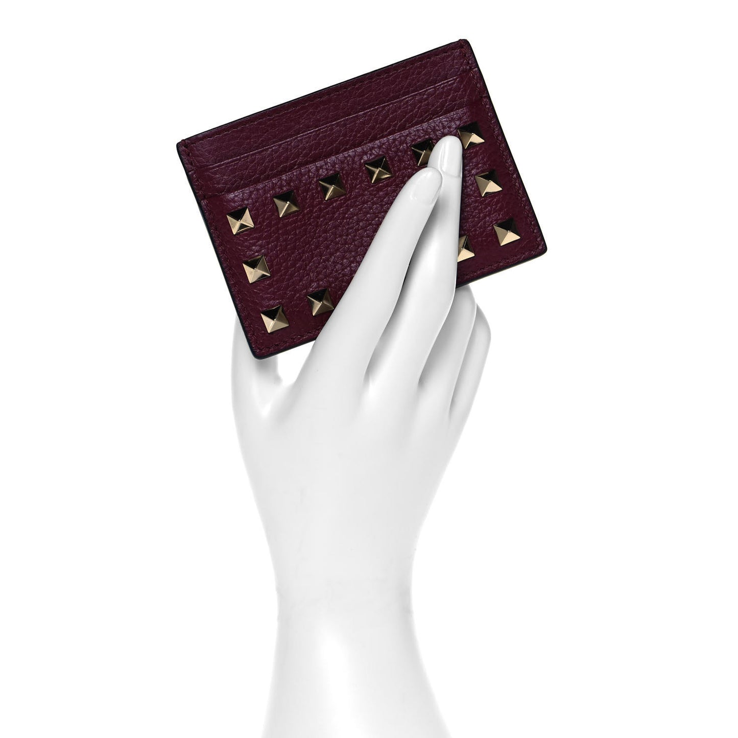 Pebbled Calfskin Rockstud Card Holder Cerise