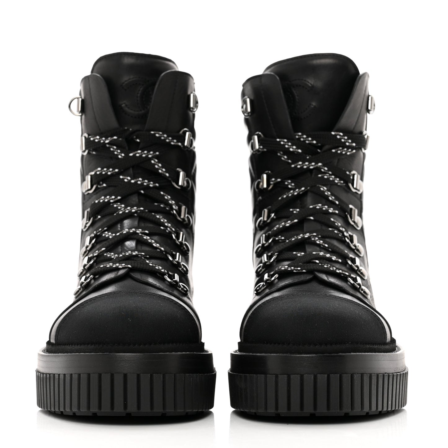 Calfskin Grosgrain Quilted Lace Up Boots 37.5 Black Grey