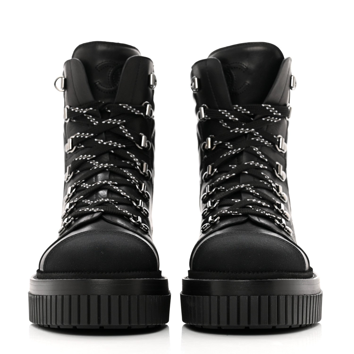 Chanel Calfskin Grosgrain Quilted Lace Up Boots 37.5 Black Grey 2 of 9