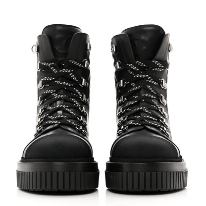 Chanel Calfskin Grosgrain Quilted Lace Up Boots 37.5 Black Grey 2 of 9