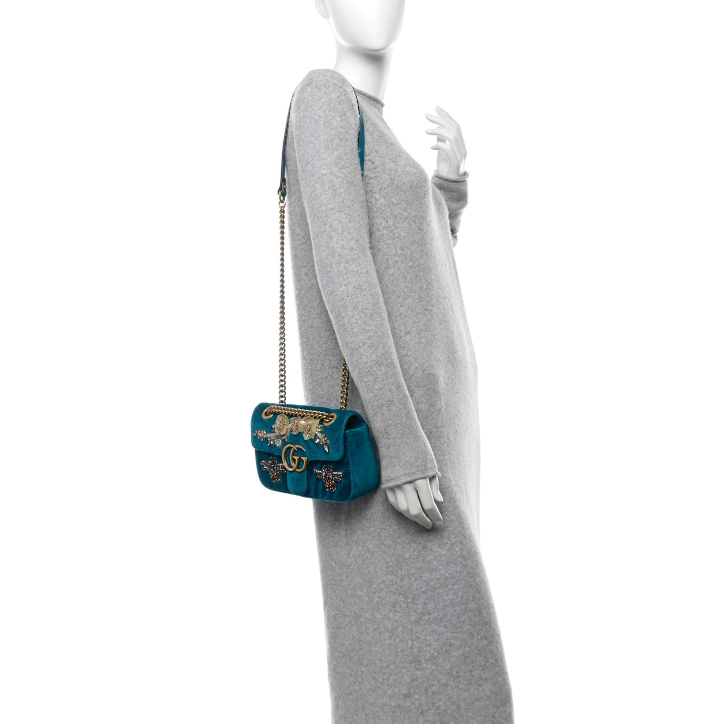 Velvet Matelasse Embroidered Mini GG Marmont Shoulder Bag Pavone Cyan