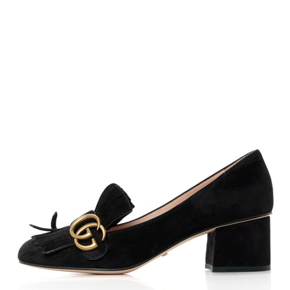 Gucci Kid Scamosciato GG Marmont Fringe 50mm Loafer Pumps 38 Black 1 of 11