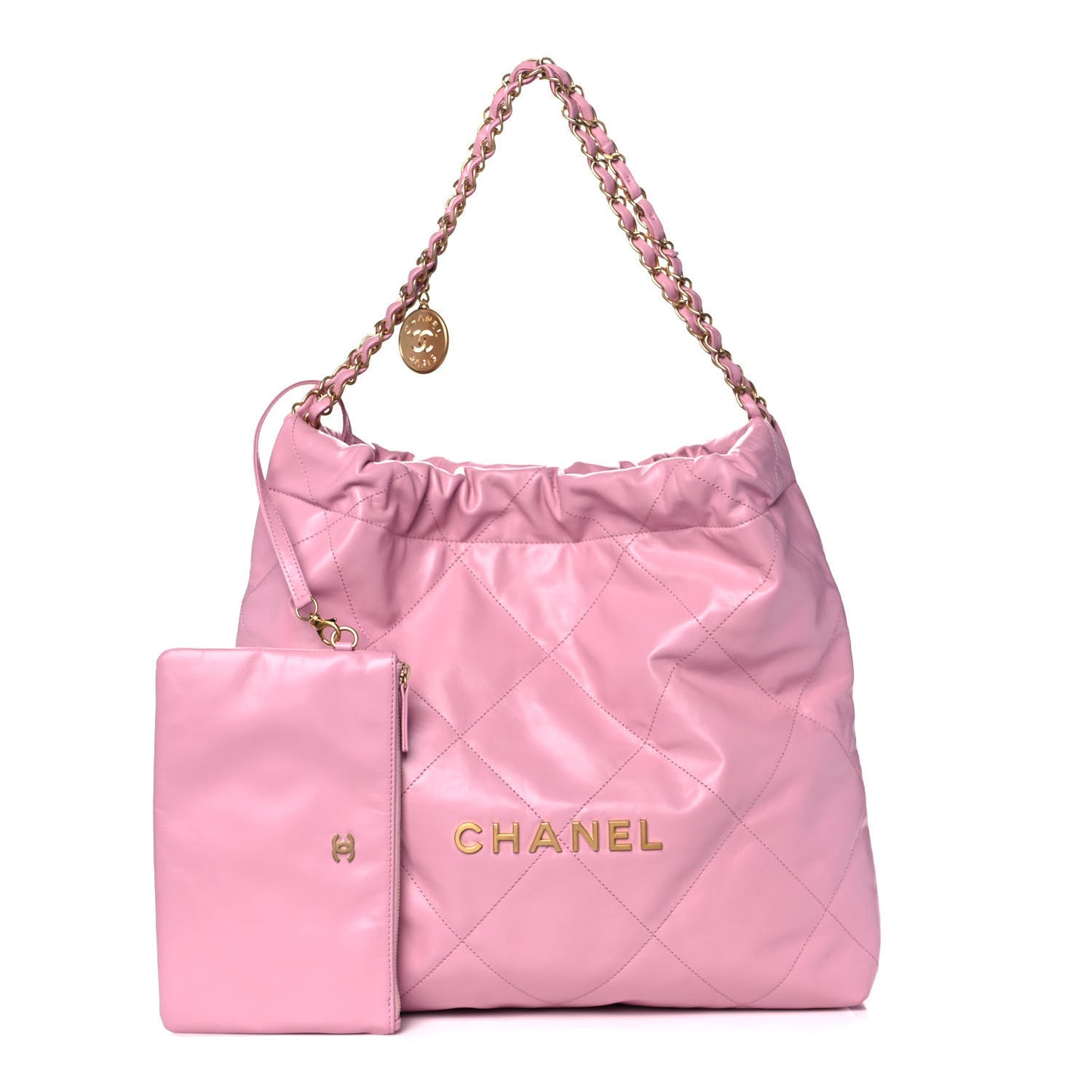 Shiny Calfskin Quilted Chanel 22 Drawstring Bag Dark Pink
