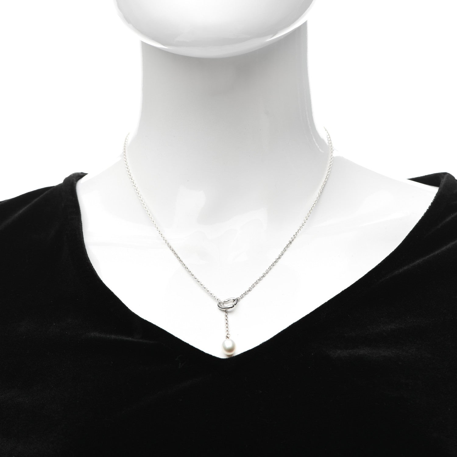 Tiffany Sterling Silver Pearl 8-8.5mm Elsa Peretti Open Heart Lariat Necklace 2 of 7