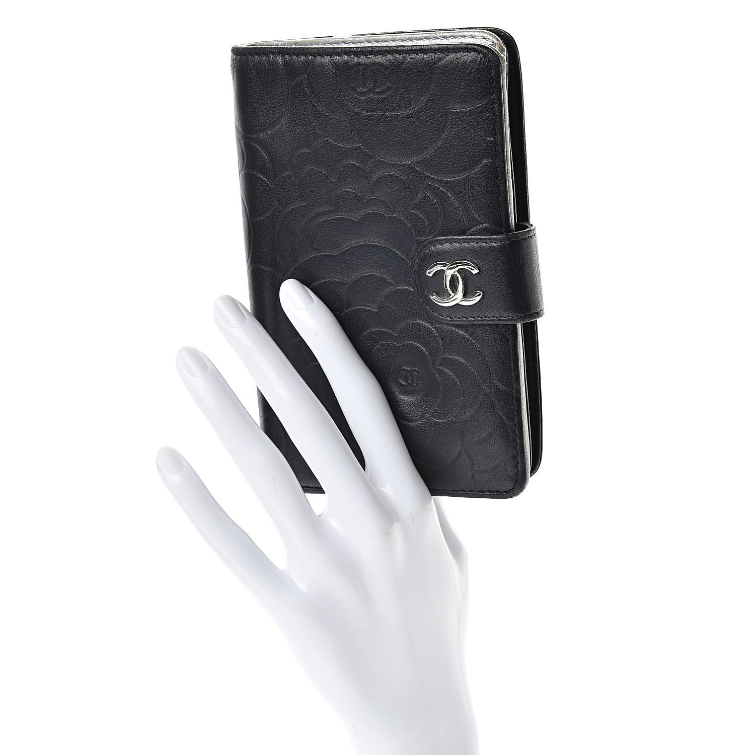 Chanel Lambskin Camellia Embossed Zipped Pocket Wallet Black 2 of 19