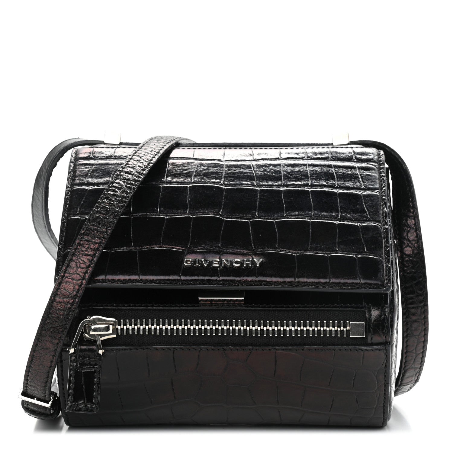 Givenchy Calfskin Crocodile Embossed Mini Pandora Box Crossbody Bag Black 1 of 14
