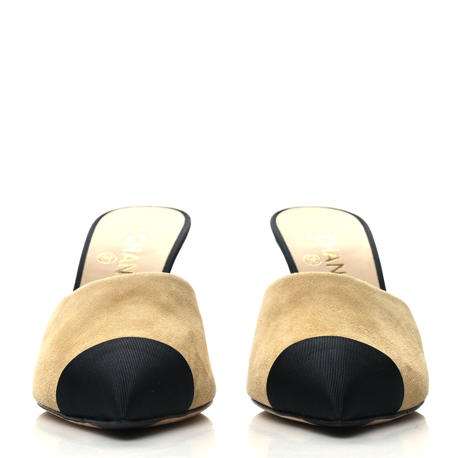 Chanel Suede Grosgrain Cap Toe CC Mules 37.5 Beige Black 2 of 8