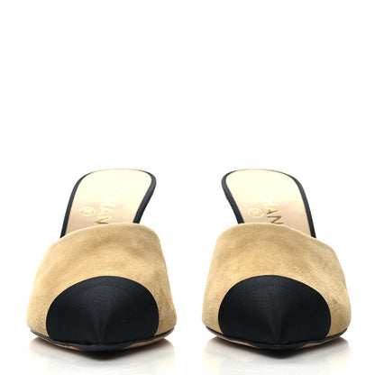 Chanel Suede Grosgrain Cap Toe CC Mules 37.5 Beige Black 2 of 8