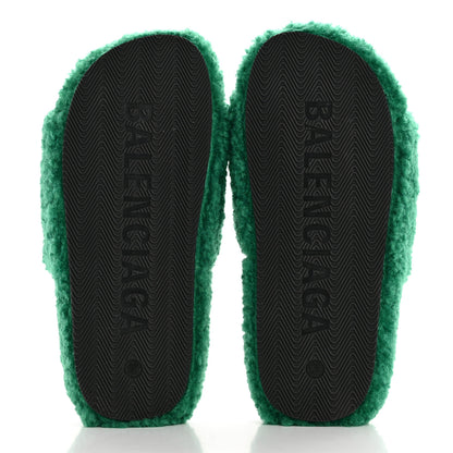 Balenciaga Faux Shearling Political Campaign Logo Slide Sandals 37 Grass Green 5 of 7