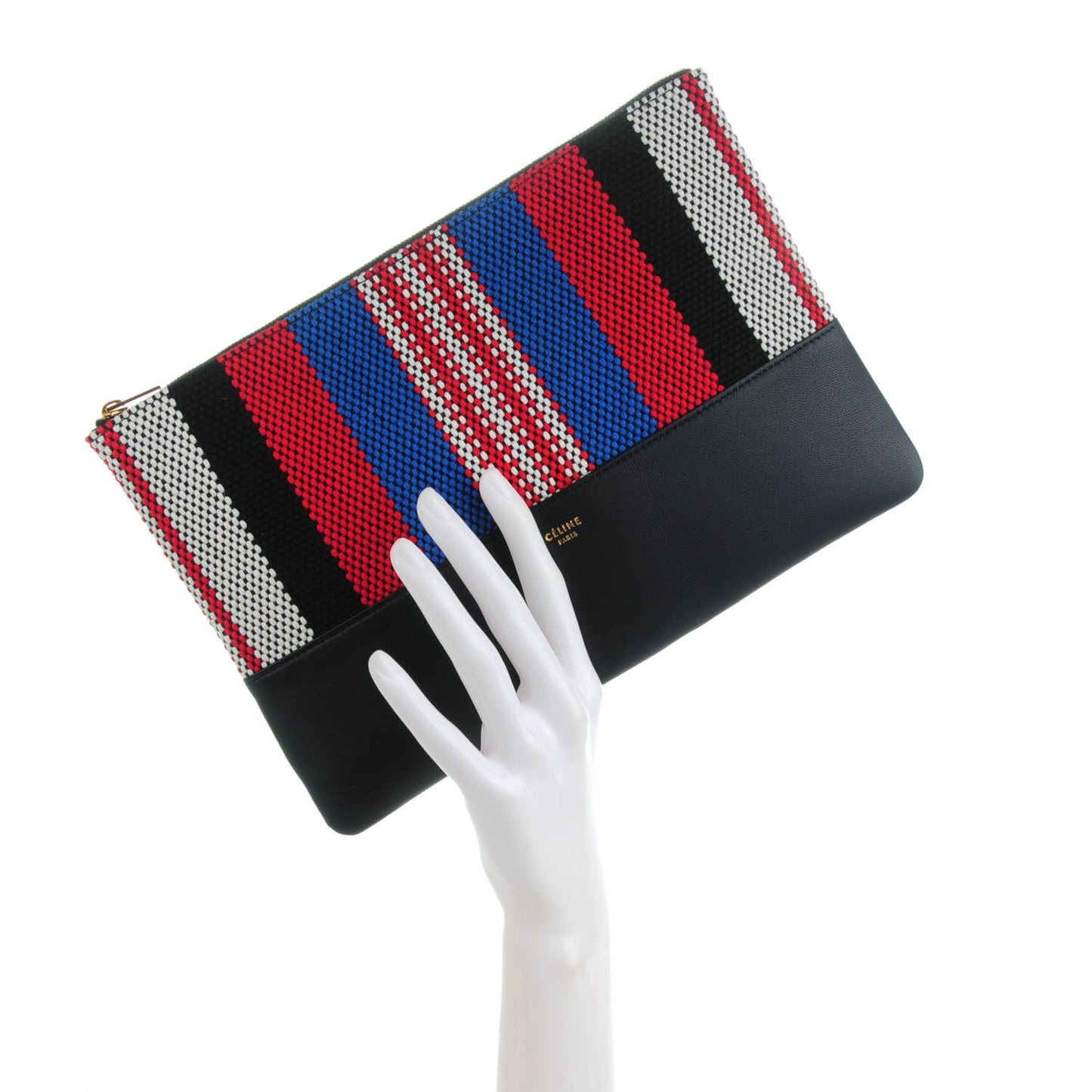 Cotton Canvas Lambskin Striped Solo Clutch Pouch Navy Blue